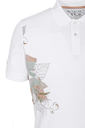 Erkek Polo Yaka Tişört Beyaz %100 Pamuk Slim Fit Ribana'lı Kol Floral Desenli T-shirt NCS JEANS 1189