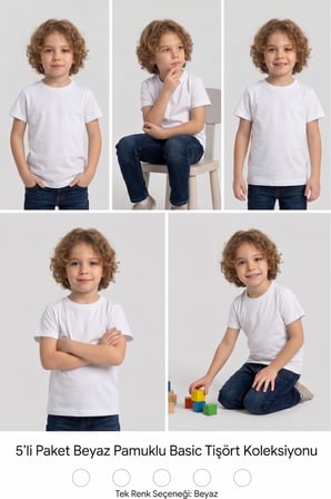 Çocuk T-shirt 5'li Paket Beyaz Pamuklu Likralı Tişört