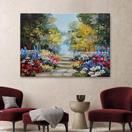 Harita Sepeti Yaz Ormanı ve Renkli Güzel Çiçekler Kanvas Duvar Tablosu-1190