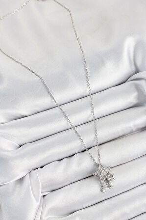 316L Çelik Zirkon Taşlı Sallantılı Yıldız Model Gümüş Renk Kadın Kolye