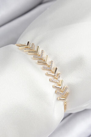 Pirinç Zirkon Taşlı Sıralı Ok Model Gold Renk Asansörlü Kadın Bileklik