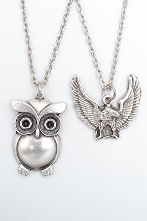 2'li Baykuş - Kartal Erkek Kadın Kolye Seti 925 Ayar Gümüş Kaplama