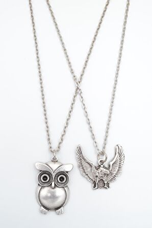 2'li Baykuş - Kartal Erkek Kadın Kolye Seti 925 Ayar Gümüş Kaplama