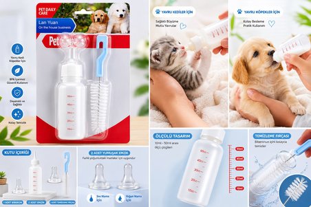 BakGelAl Yavru Kedi ve Köpek Besleme Biberonu Seti 50 ml | 2 Silikon Emzik + Temizleme Fırçası | Yen