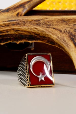 925 Ayar Gümüş Kırmızı Mineli Türk Bayrağı Erkek Yüzük