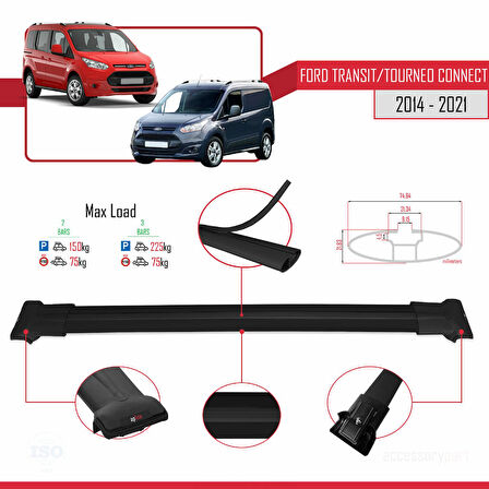 Ford Transit/Tourneo Connect 2 2014-2021 Arası ile Uyumlu FLY Model Ara Atkı Tavan Barı Siyah 2 Adet