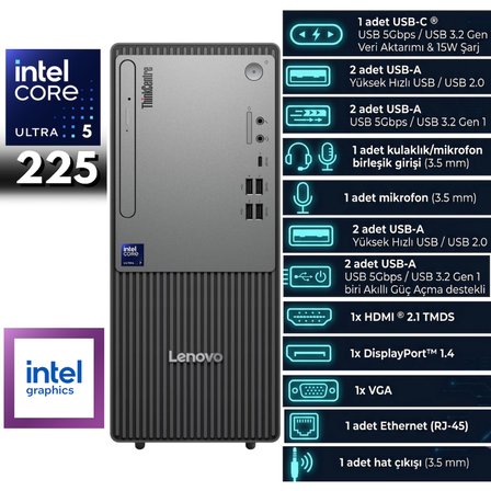 LENOVO NEO 50T THINKCENTRE ULTRA 5-225 40-GBDDR5 512 GB Intel Graphics Windows 11 Pro Masaüstü Bilgisayar 13BD007UTRHMF40