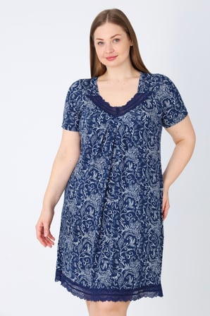 Kadın Büyük Beden Dantelli Kısa Kollu Likralı Gecelik