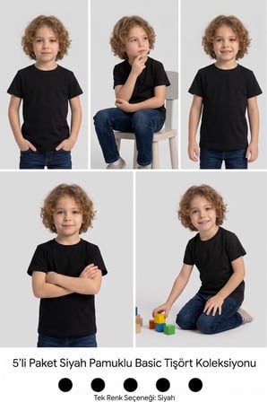 Çocuk T-shirt 5'li Paket Siyah Pamuklu Likralı Tişört