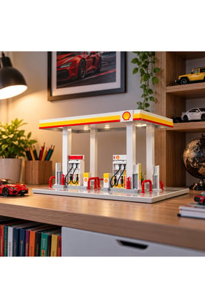  1:64 Benzin İstasyonu Diorama Oyun Seti – Model Araçlar İçin Detaylı Shell Akaryakıt İstasyonu