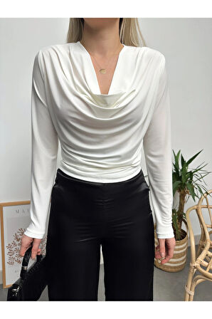 Kadın Beyaz Uzun Kol Degaje Yaka Sandy Bluz