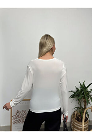 Kadın Beyaz Uzun Kol Degaje Yaka Sandy Bluz