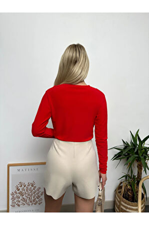 Kadın Kırmızı Uzun Kol Degaje Yaka Sandy Bluz