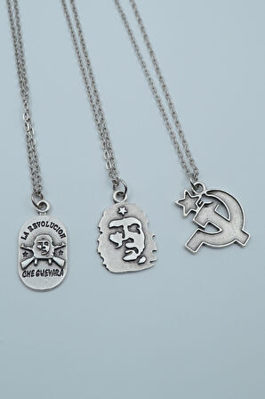 3'lü Devrim Che Guevara Orak Çekiç Gümüş Kaplama Kolye Seti