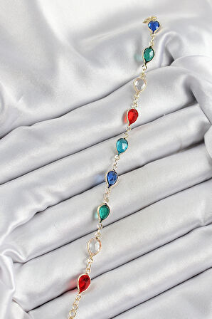 Pirinç Gold Renk Karışık Renk Damla Zirkon Taşlı Kadın Bileklik