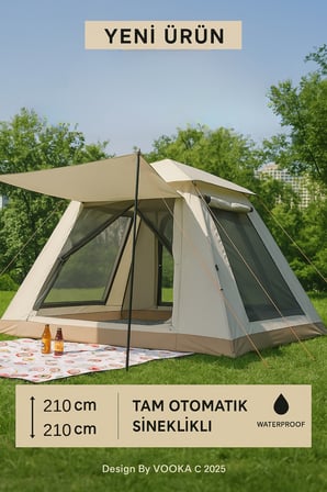 Tam Otomatik Kamp Çadırı 210x210 cm 3 Saniyede Kurulum Su Geçirmez Sineklikli Çadırı Outdoor Kamp