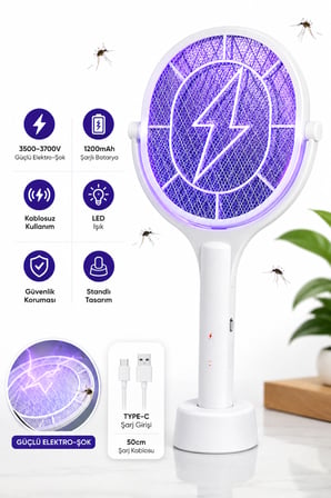 Elektrikli Sinek Öldürücü Raket 3500-3700V – 1200mAh Şarjlı, LED Işıklı, Standlı, Type-C Kablosuz Sivrisinek Öldürücü