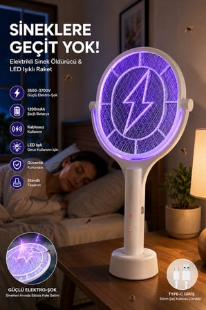 Elektrikli Sinek Öldürücü Raket 3500-3700V – 1200mAh Şarjlı, LED Işıklı, Standlı, Type-C Kablosuz Sivrisinek Öldürücü