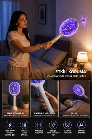 Elektrikli Sinek Öldürücü Raket 3500-3700V – 1200mAh Şarjlı, LED Işıklı, Standlı, Type-C Kablosuz Sivrisinek Öldürücü