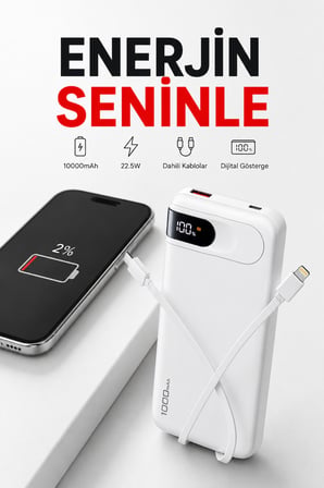 10.000 mAh Powerbank Dahili Lightning & Type-C Kablolu Dijital Göstergeli 22.5W Hızlı Şarj Taşınabilir Harici Batarya iPhone Android Uyumlu