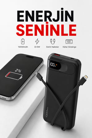 10.000 mAh Powerbank Dahili Lightning & Type-C Kablolu Dijital Göstergeli 22.5W Hızlı Şarj Taşınabilir Harici Batarya iPhone Android Uyumlu