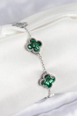 316L Çelik Sedefli Zümrüt Yeşil Gümüş Renk Yonca Kadın Bileklik