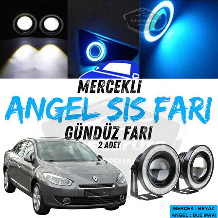 Renault Fluence 2009-2016 Uyumlu Üniversal Mercekli Angel Sis Farı Metal Su Geçirmez 76 mm Buz Mavi Halkalı Gündüz Farı Angel Eyes 2 Adet