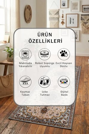 A- 8 Yıkanabilir Kaymaz Taban Dijital Baskılı Yolluk Halı Vizon
