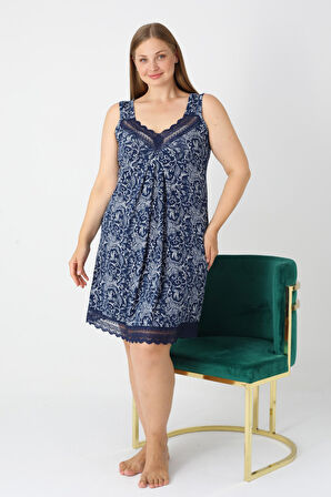 Büyük Beden Lacivert Desenli Askılı Dantelli V Yaka Likralı Viskon Gecelik