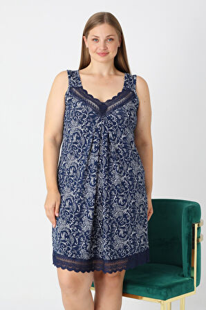 Büyük Beden Lacivert Desenli Askılı Dantelli V Yaka Likralı Viskon Gecelik