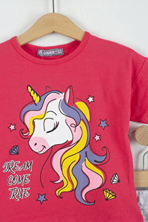 Unicorn Baskılı Kız Çocuk Etekli Yazlık Alt Üst Takım