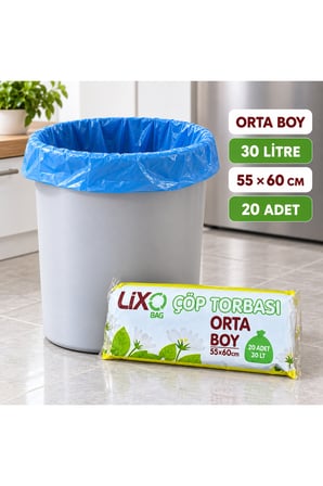 Genel Markalar Lixo Bag Orta Boy Çöp Torbası 55x60 cm 30 Litre 20 Adet Mavi Çöp Poşeti