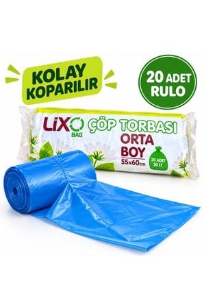 Genel Markalar Lixo Bag Orta Boy Çöp Torbası 55x60 cm 30 Litre 20 Adet Mavi Çöp Poşeti