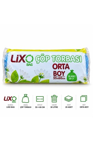 Genel Markalar Lixo Bag Orta Boy Çöp Torbası 55x60 cm 30 Litre 20 Adet Mavi Çöp Poşeti