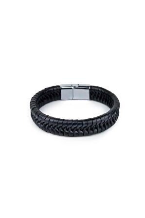 Klasik Sarmal El Örgüsü Gerçek / Hakiki Deri Bileklik - Mıknatıs Kilitli - Siyah - Unisex