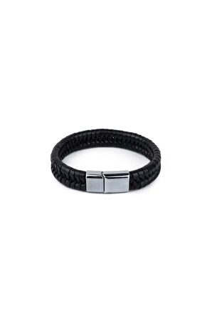Klasik Sarmal El Örgüsü Gerçek / Hakiki Deri Bileklik - Mıknatıs Kilitli - Siyah - Unisex