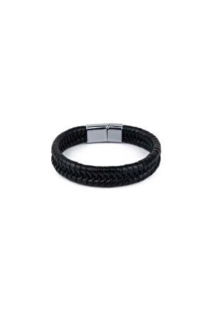 Klasik Sarmal El Örgüsü Gerçek / Hakiki Deri Bileklik - Mıknatıs Kilitli - Siyah - Unisex