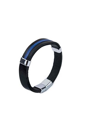 Klasik 3 Parçalı Gerçek / Hakiki Deri Bileklik - Mıknatıs Kilitli - Siyah & Mavi - Unisex