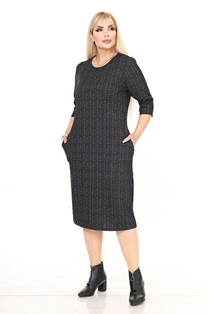 Çift Cepli Desenli Esnek Kışlık Büyük Beden Midi Elbise 11D-2718