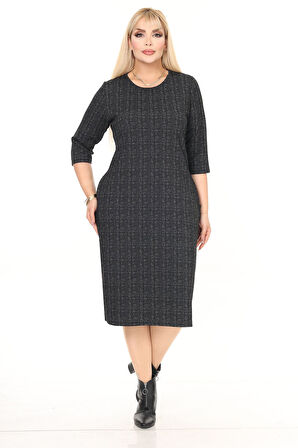 Çift Cepli Desenli Esnek Kışlık Büyük Beden Midi Elbise 11D-2718