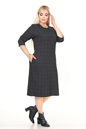 Çift Cepli Desenli Esnek Kışlık Büyük Beden Midi Elbise 11D-2718