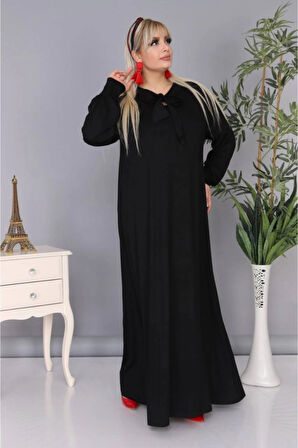 Kadın Büyük Beden Kravatlı Siyah Uzun Elbise
