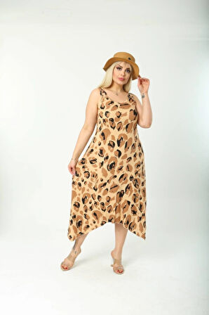 Kadın Büyük Beden Tokalı Askılı Leopar Desenli Elbise