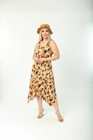 Kadın Büyük Beden Tokalı Askılı Leopar Desenli Elbise