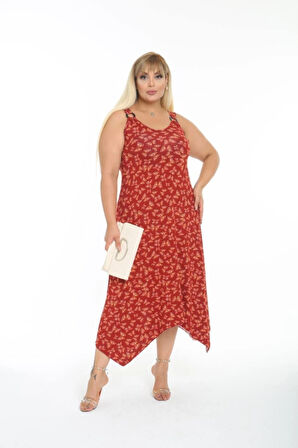 Kadın Büyük Beden Tokalı Askılı Kelebek Desenli Kırmızı Elbise
