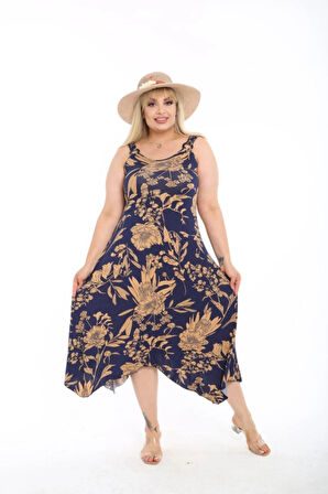 Kadın Büyük Beden Tokalı Askılı Çiçek Desenli Elbise