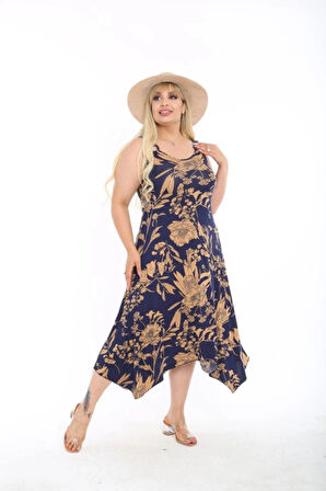 Kadın Büyük Beden Tokalı Askılı Çiçek Desenli Elbise