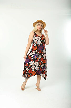 Kadın Büyük Beden Tokalı Askılı Çiçek Desenli Elbise