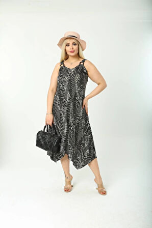 Kadın Büyük Beden Tokalı Askılı Çizgi Desenli Elbise