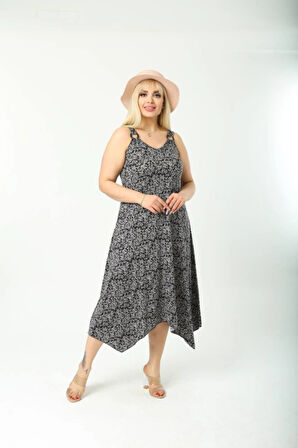 Kadın Büyük Beden Tokalı Askılı Çiçek Desenli Elbise